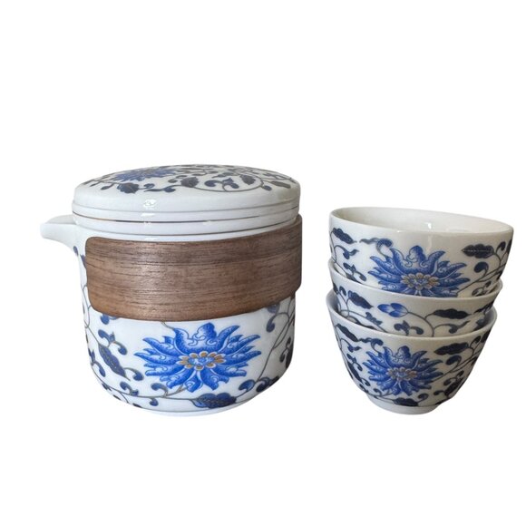 Lotus Flower Loose Leaf Teapot 3 Cups Strainer Lid Blue White Floral Meditation - Picture 9 of 16